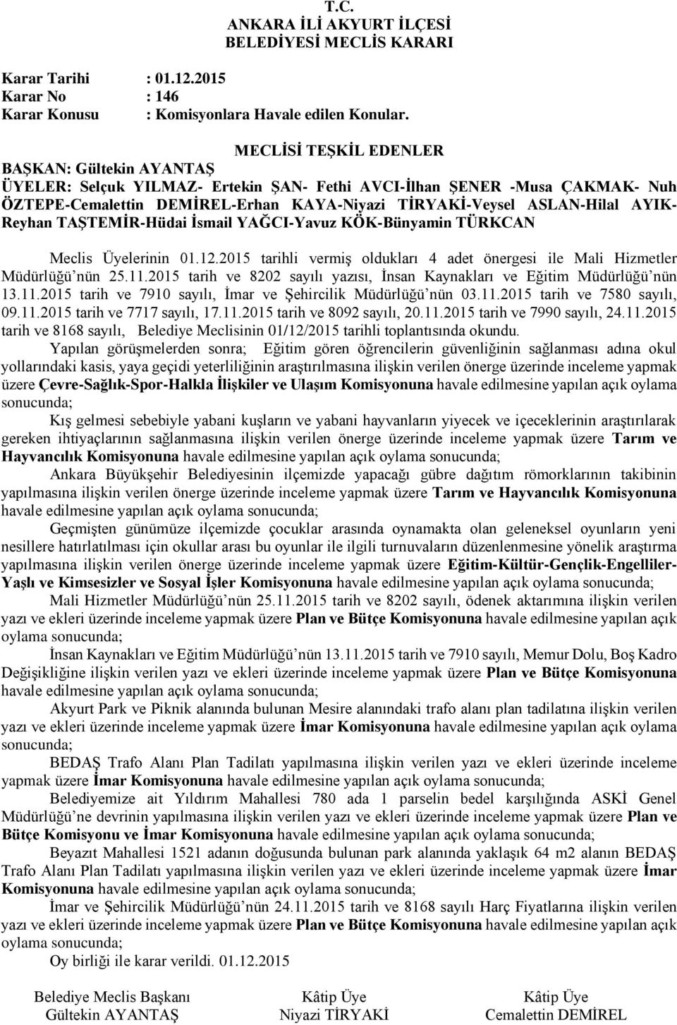 11.2015 tarih ve 8092 sayılı, 20.11.2015 tarih ve 7990 sayılı, 24.11.2015 tarih ve 8168 sayılı, Belediye Meclisinin 01/12/2015 tarihli toplantısında okundu.
