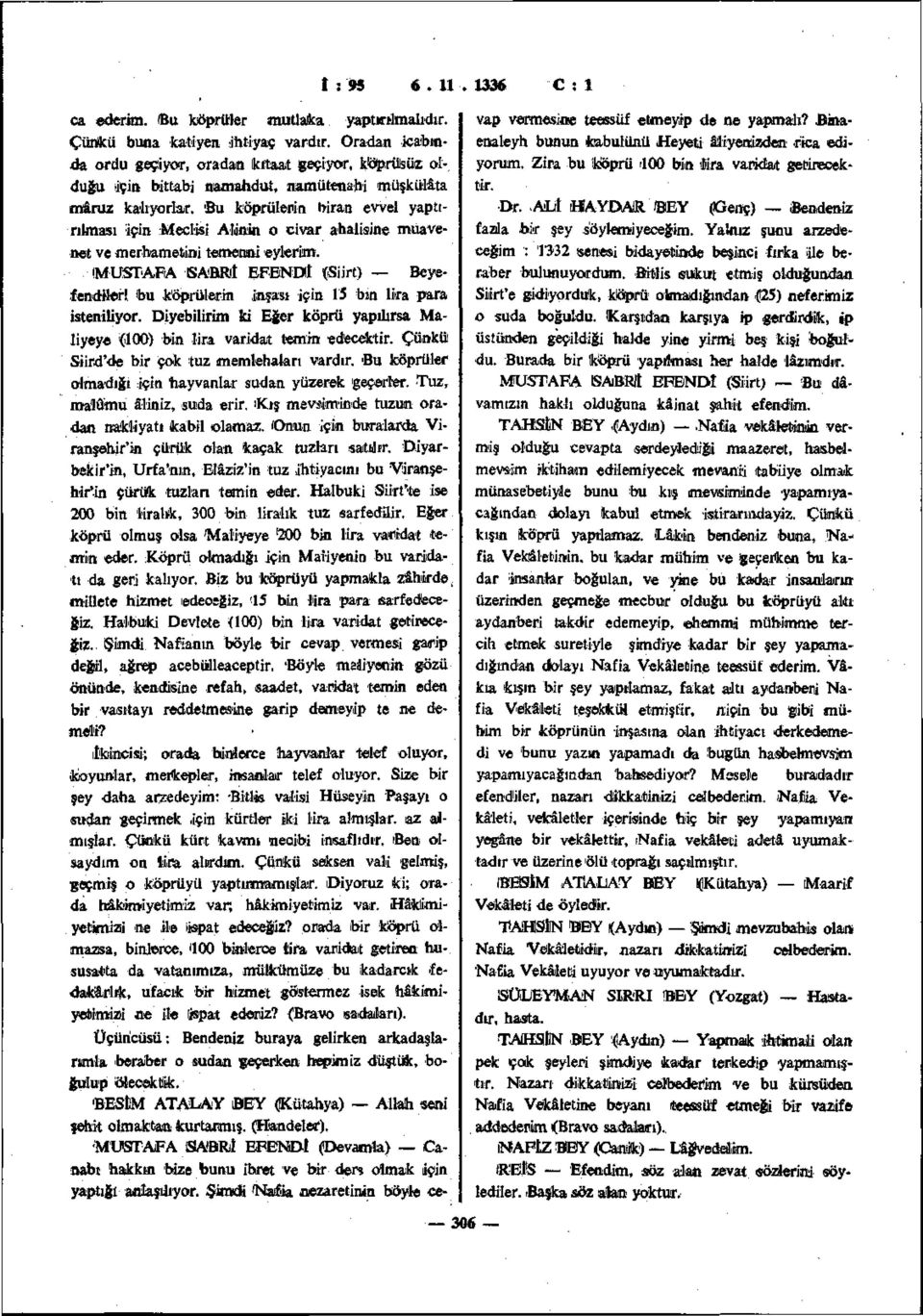 civar ahalisine muavenet ve merhametini temenni eylerim. (MUSTAFA SABRI EFENDİ (Siirt) Beyefendfler! <bu köprülerin inşası İçin 15 bm İka para İsteniliyor.