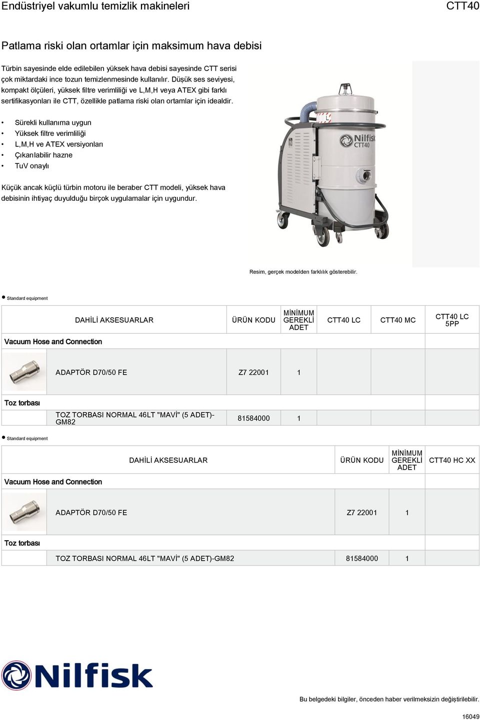 Sürekli kullanıma uygun Yüksek filtre verimliliği L,M,H ve ATEX versiyonları Çıkarılabilir hazne TuV onaylı Küçük ancak küçlü türbin motoru ile beraber CTT modeli, yüksek hava debisinin ihtiyaç