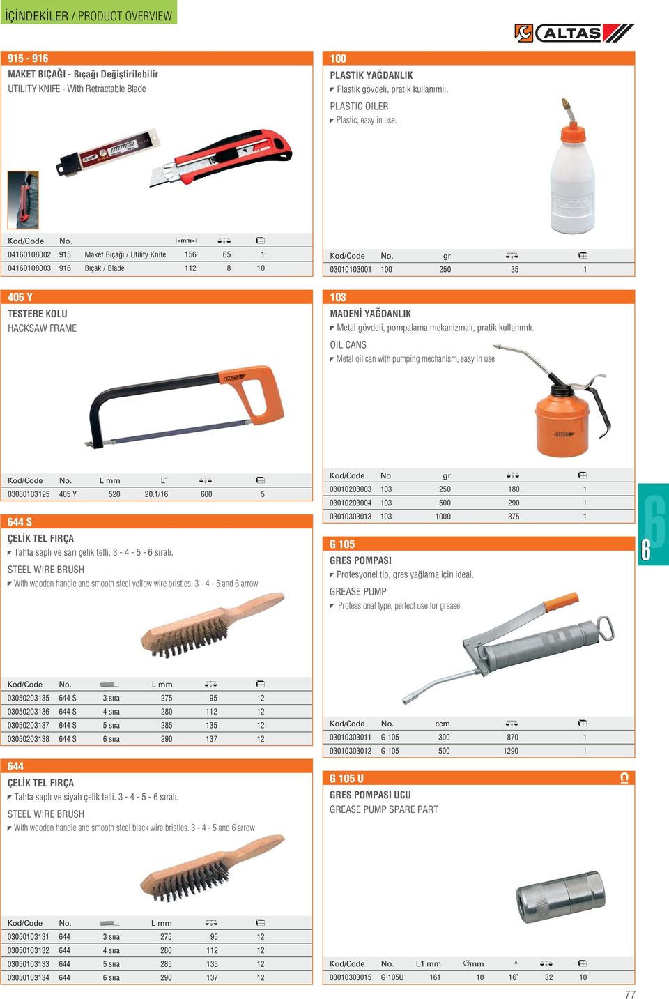 60 405 Y TESTERE KOLU HACKSAW FRAME 103 MADEN YA DANLIK Metal gövdeli, pompalama mekanizmal, pratik kullan ml. OIL CANS Metal oil can with pumping mechanism, easy in use Kod/Code No.