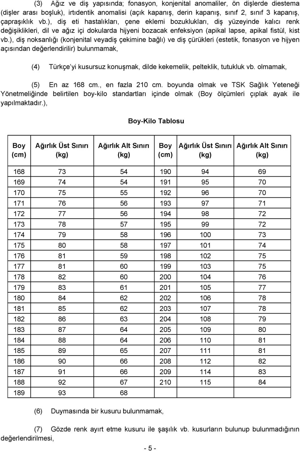 ), diş noksanlığı (konjenital veyadiş çekimine bağlı) ve diş çürükleri (estetik, fonasyon ve hijyen açısından değerlendirilir) bulunmamak, (4) Türkçe yi kusursuz konuşmak, dilde kekemelik, pelteklik,