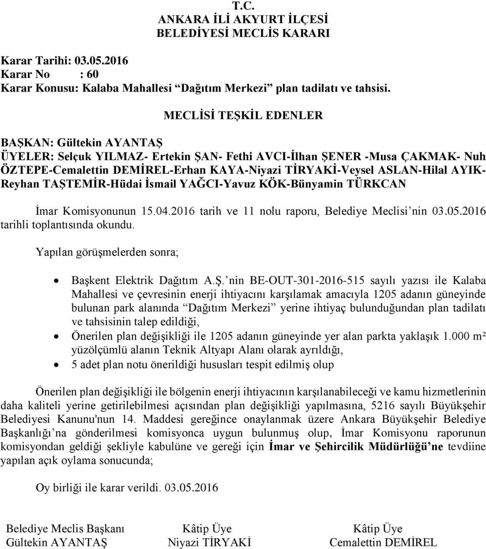 nin BE-OUT-301-2016-515 sayılı yazısı ile Kalaba Mahallesi ve çevresinin enerji ihtiyacını karşılamak amacıyla 1205 adanın güneyinde bulunan park alanında Dağıtım Merkezi yerine ihtiyaç bulunduğundan