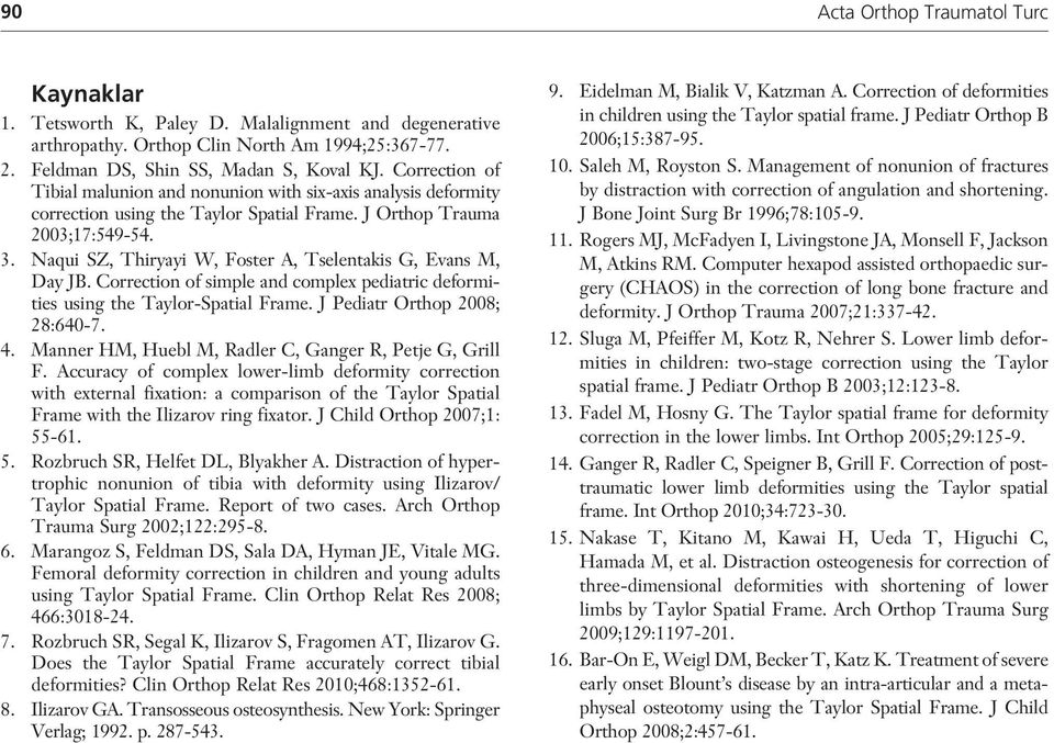 Naqui SZ, Thiryayi W, Foster A, Tselentakis G, Evans M, Day JB. Correction of simple and complex pediatric deformities using the Taylor-Spatial Frame. J Pediatr Orthop 2008; 28:640-7. 4.