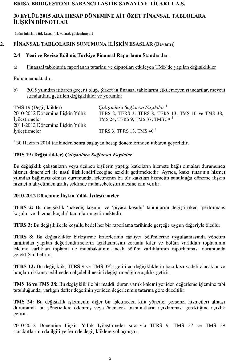 b) 2015 yılından itibaren geçerli olup, Şirket in finansal tablolarını etkilemeyen standartlar, mevcut standartlara getirilen değişiklikler ve yorumlar TMS 19 (Değişiklikler) Çalışanlara Sağlanan