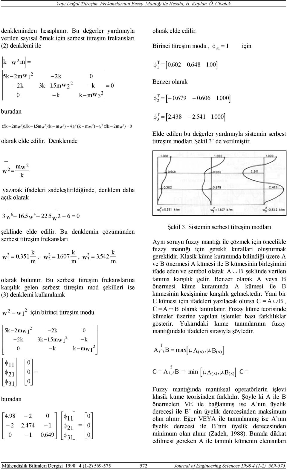 .. ] φ 3 = 438 541 1 Elde edilen bu değerler yardııyla sistein serbest titreşi odları Şekil 3 de veriliştir. w w = k yazarak ifadeleri sadeleştirildiğinde, denkle daha açık olarak 6 4 3w 165. w + 5.