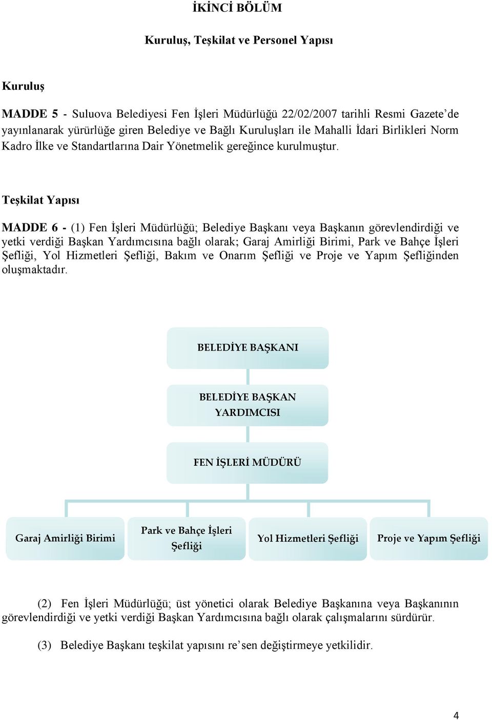 Teşkilat Yapısı MADDE 6 - (1) Fen İşleri Müdürlüğü; Belediye Başkanı veya Başkanın görevlendirdiği ve yetki verdiği Başkan Yardımcısına bağlı olarak; Garaj Amirliği Birimi, Park ve Bahçe İşleri