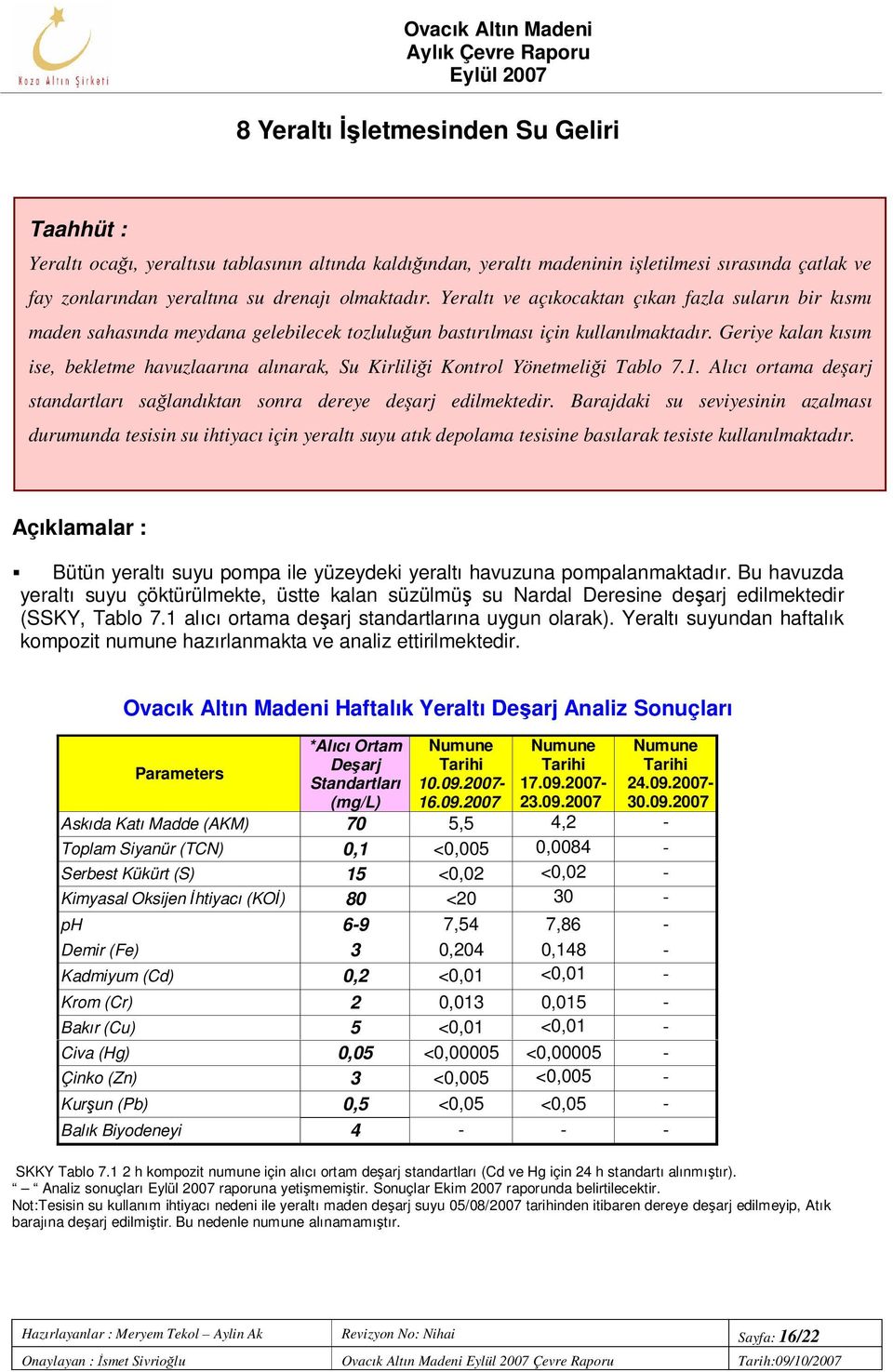 Geriye kalan kısım ise, bekletme havuzlaarına alınarak, Su Kirliliği Kontrol Yönetmeliği Tablo 7.1. Alıcı ortama deşarj standartları sağlandıktan sonra dereye deşarj edilmektedir.