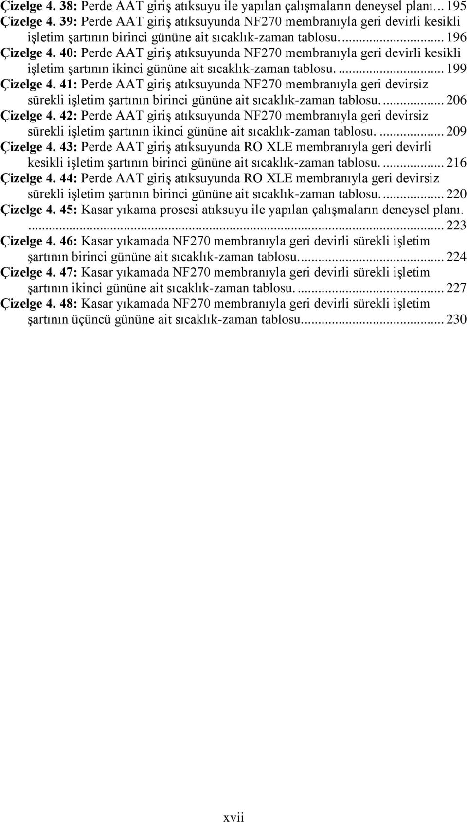 40: Perde AAT giriģ atıksuyunda NF270 membranıyla geri devirli kesikli iģletim Ģartının ikinci gününe ait sıcaklık-zaman tablosu.... 199 Çizelge 4.