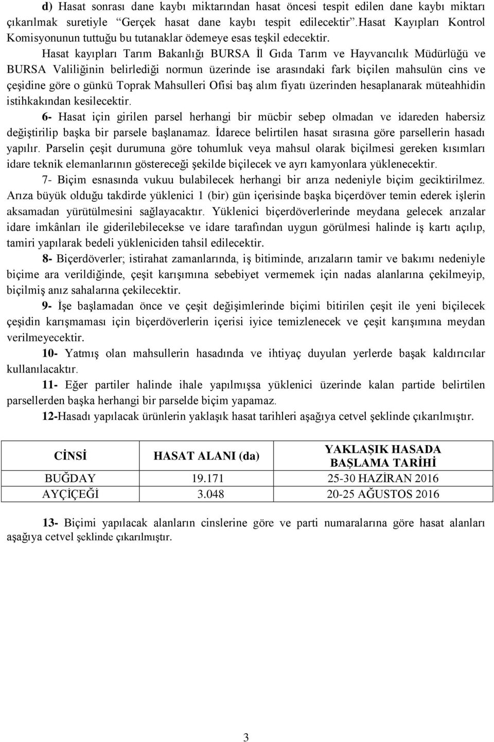 Hasat kayıpları Tarım Bakanlığı BURSA İl Gıda Tarım ve Hayvancılık Müdürlüğü ve BURSA Valiliğinin belirlediği normun üzerinde ise arasındaki fark biçilen mahsulün cins ve çeşidine göre o günkü Toprak