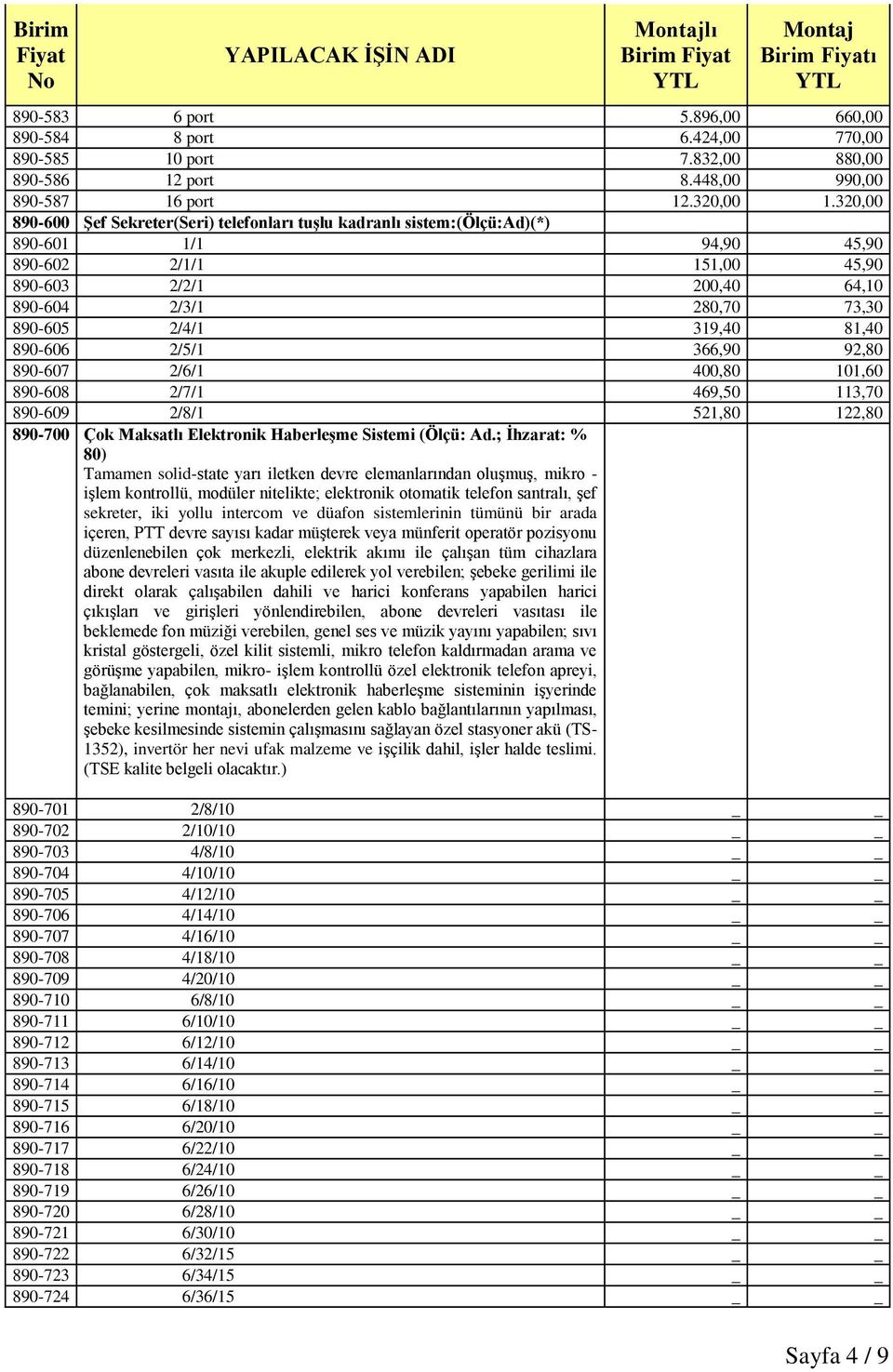 319,40 81,40 890-606 2/5/1 366,90 92,80 890-607 2/6/1 400,80 101,60 890-608 2/7/1 469,50 113,70 890-609 2/8/1 521,80 122,80 890-700 Çok Maksatlı Elektronik Haberleşme Sistemi (Ölçü: Ad.