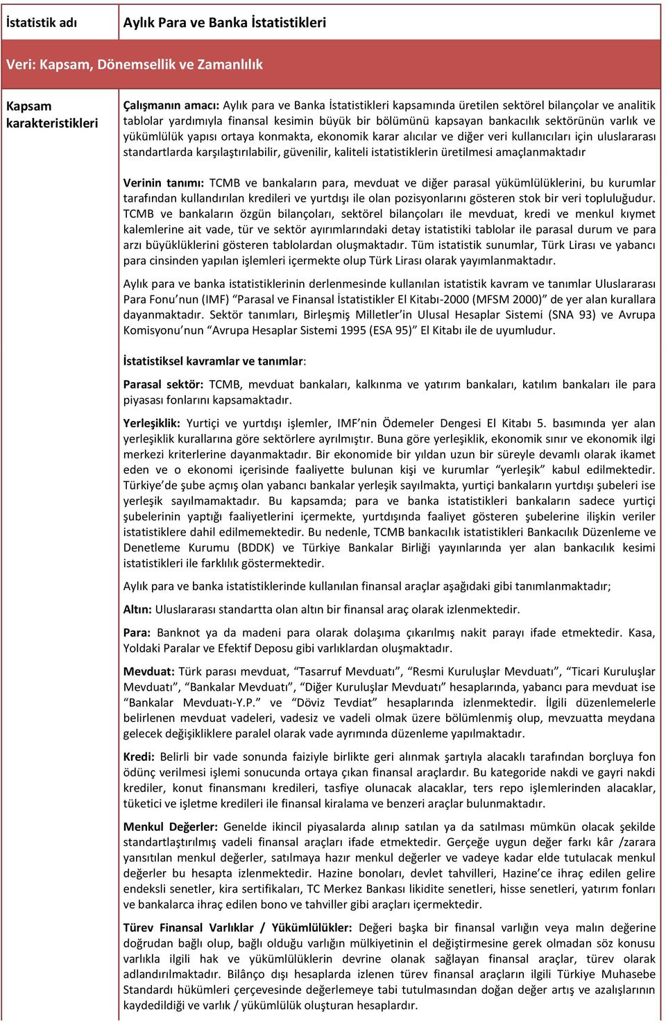 kullanıcıları için uluslararası standartlarda karşılaştırılabilir, güvenilir, kaliteli istatistiklerin üretilmesi amaçlanmaktadır Verinin tanımı: TCMB ve bankaların para, mevduat ve diğer parasal