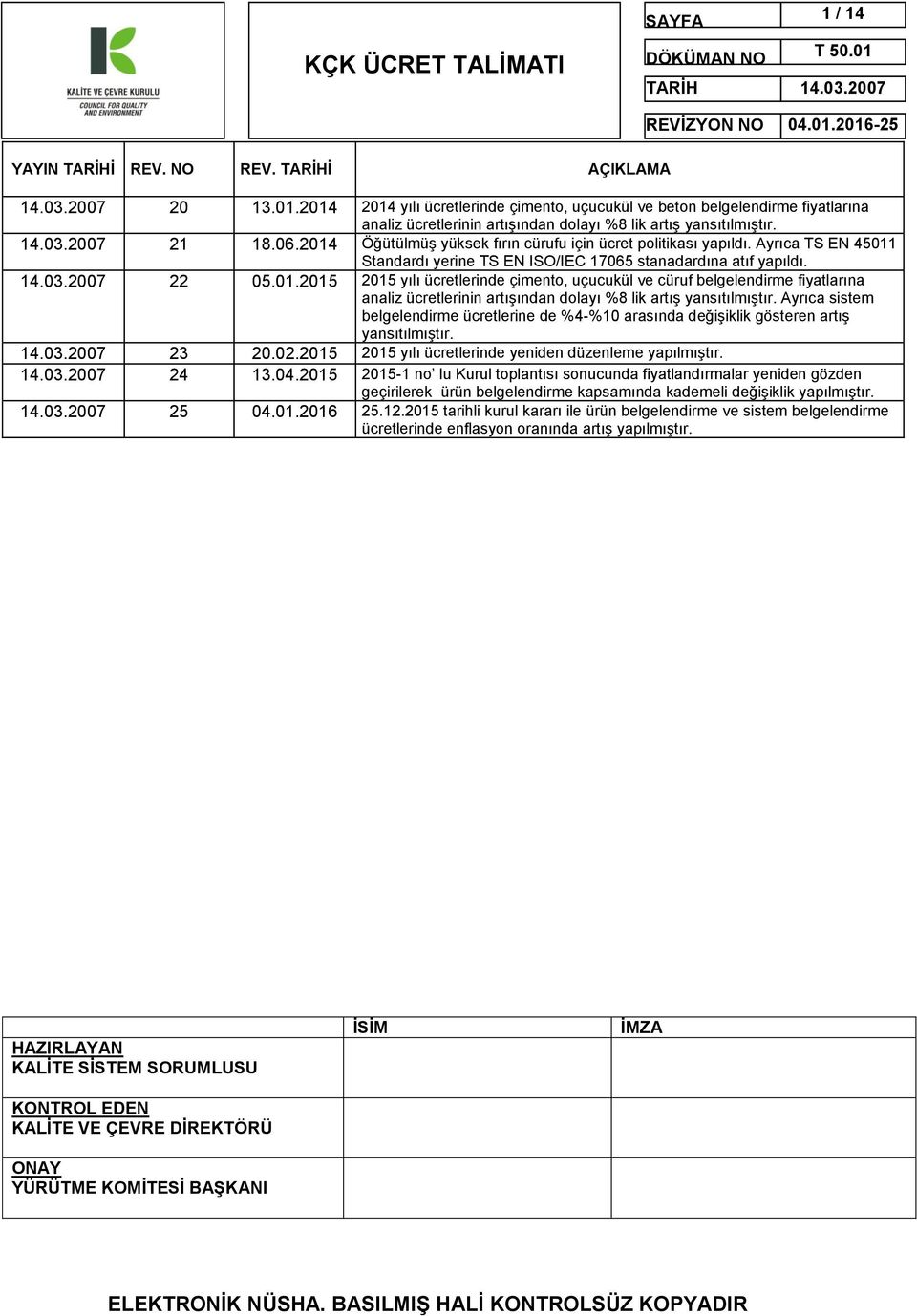 Ayrıca sistem belgelendirme ücretlerine de %4-%10 arasında değişiklik gösteren artış yansıtılmıştır. 23 20.02.2015 2015 yılı ücretlerinde yeniden düzenleme yapılmıştır. 24 13.04.