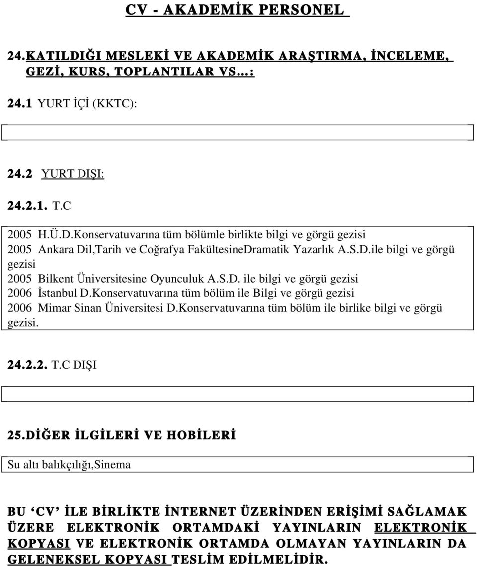 Konservatuvarına tüm bölüm ile Bilgi ve görgü gezisi 2006 Mimar Sinan Üniversitesi D.Konservatuvarına tüm bölüm ile birlike bilgi ve görgü gezisi. 24.2.2. T.C DIŞI 25.