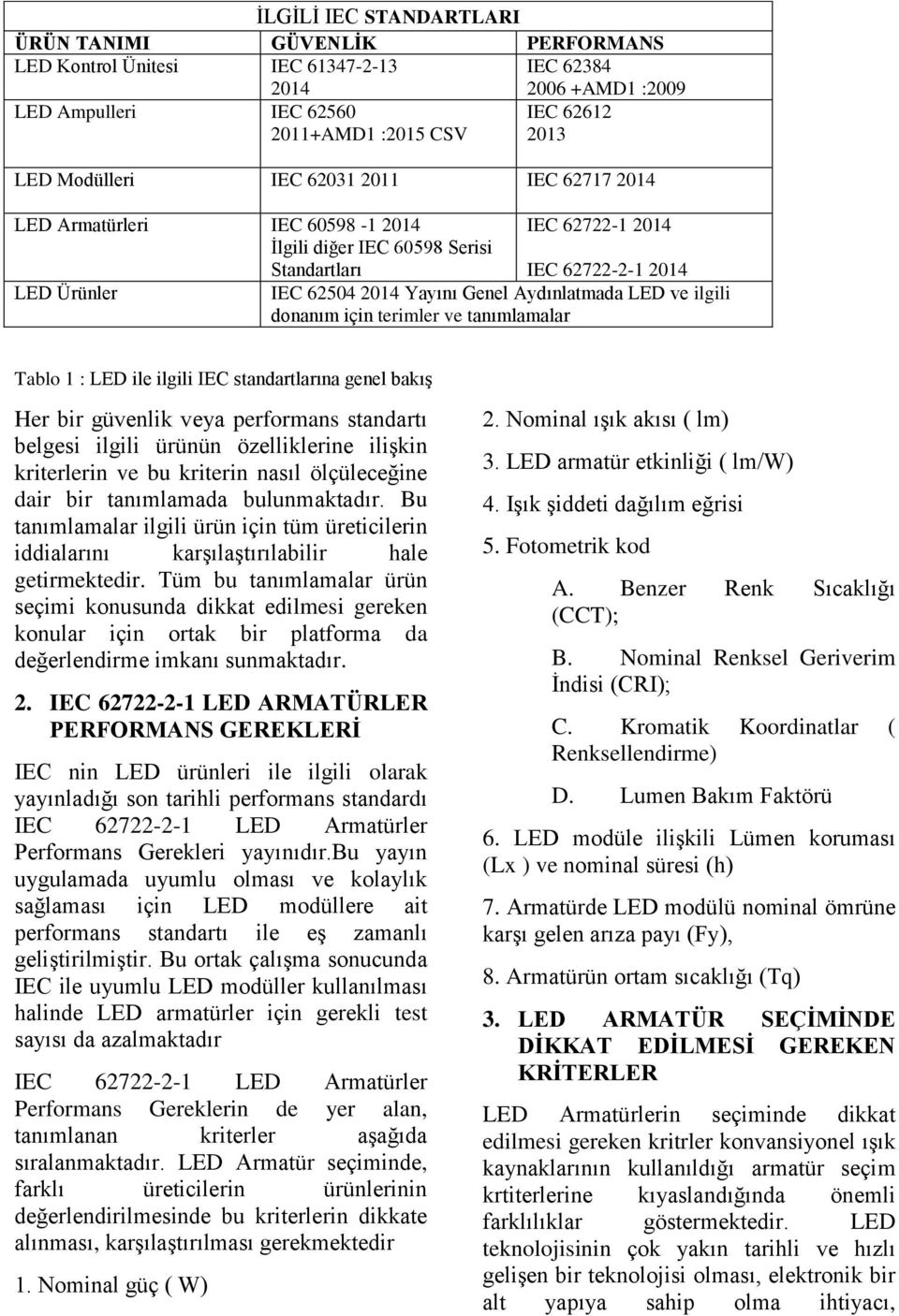 ilgili donanım için terimler ve tanımlamalar Tablo 1 : LED ile ilgili IEC standartlarına genel bakış Her bir güvenlik veya performans standartı belgesi ilgili ürünün özelliklerine ilişkin kriterlerin