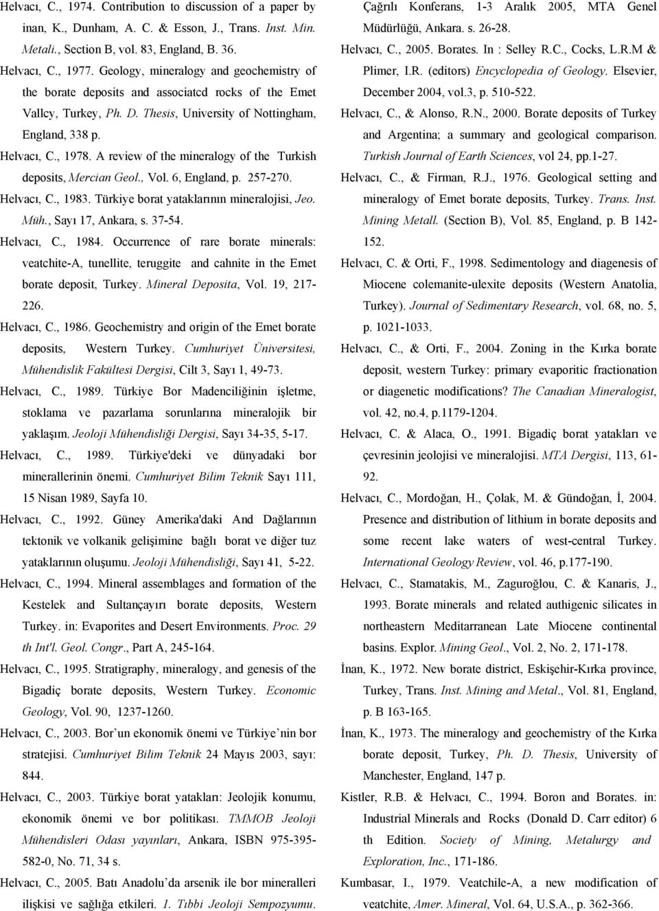 A review of the mineralogy of the Turkish deposits, Mercian Geol., Vol. 6, England, p. 257-270. Helvacı, C., 1983. Türkiye borat yataklarının mineralojisi, Jeo. Müh., Sayı 17, Ankara, s. 37-54.