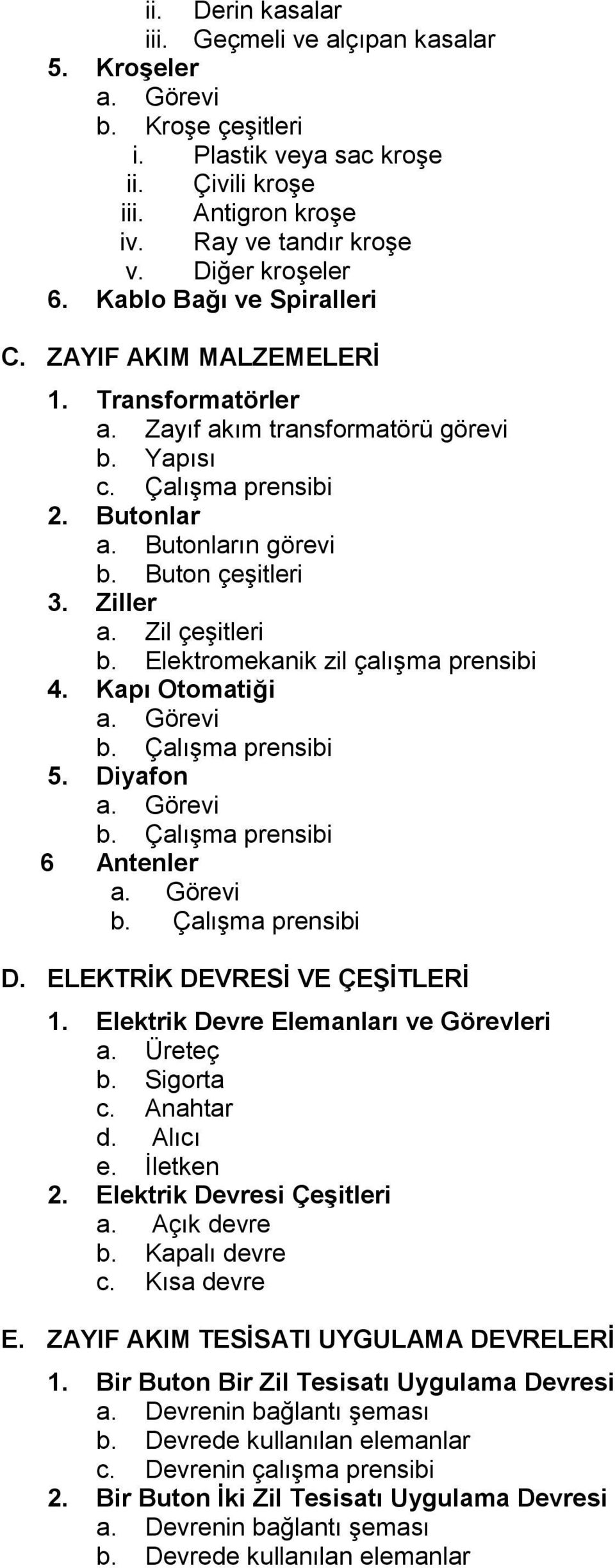 Ziller a. Zil çeşitleri b. Elektromekanik zil çalışma prensibi 4. Kapı Otomatiği a. Görevi b. Çalışma prensibi 5. Diyafon a. Görevi b. Çalışma prensibi 6 Antenler a. Görevi b. Çalışma prensibi D.