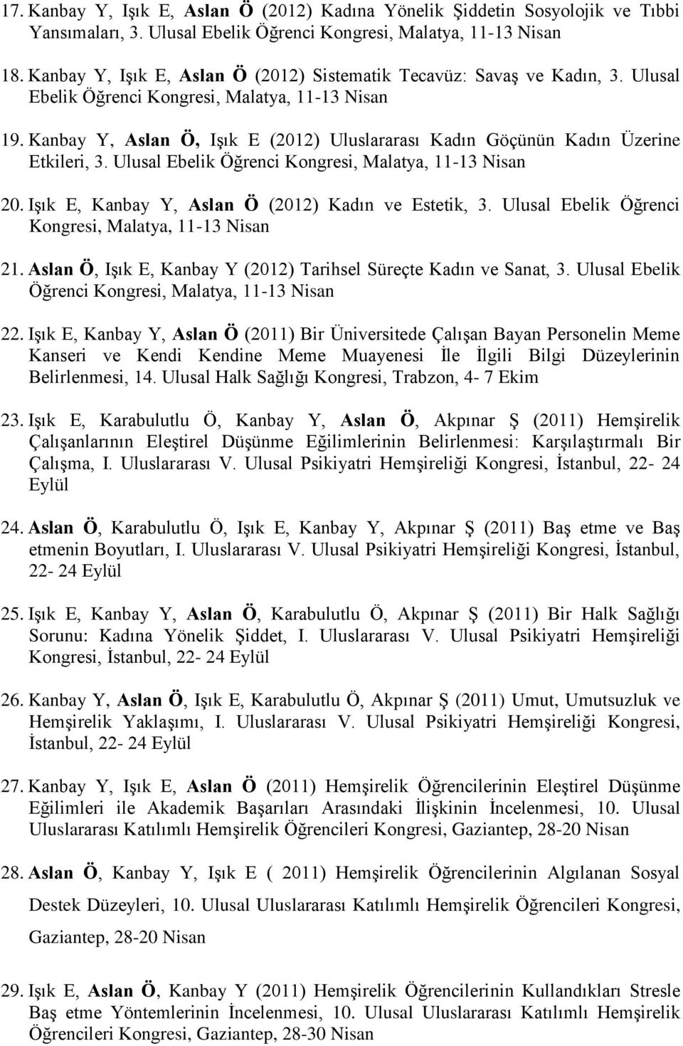 Kanbay Y, Aslan Ö, Işık E (2012) Uluslararası Kadın Göçünün Kadın Üzerine Etkileri, 3. Ulusal Ebelik Öğrenci Kongresi, Malatya, 11-13 Nisan 20. Işık E, Kanbay Y, Aslan Ö (2012) Kadın ve Estetik, 3.