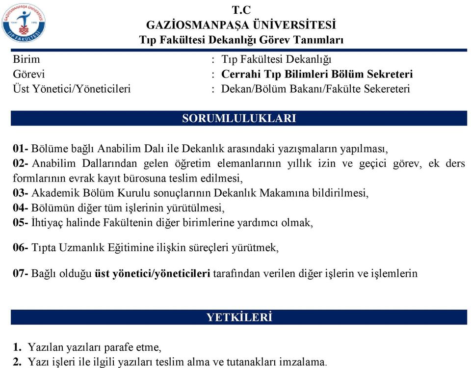 Makamına bildirilmesi, 04- Bölümün diğer tüm işlerinin yürütülmesi, 05- İhtiyaç halinde Fakültenin diğer birimlerine yardımcı olmak, 06- Tıpta Uzmanlık Eğitimine ilişkin süreçleri