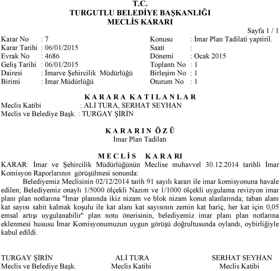 2014 tarihli İmar Komisyon Raporlarının görüşülmesi sonunda: Belediyemiz Meclisinin 02/12/2014 tarih 91 sayılı kararı ile imar komisyonuna havale edilen; Belediyemiz onaylı 1/5000 ölçekli Nazım ve