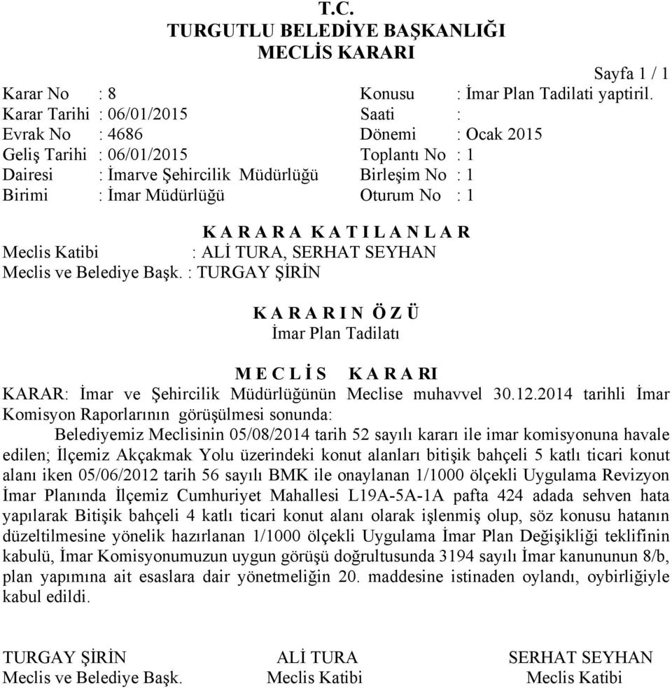 2014 tarihli İmar Komisyon Raporlarının görüşülmesi sonunda: Belediyemiz Meclisinin 05/08/2014 tarih 52 sayılı kararı ile imar komisyonuna havale edilen; İlçemiz Akçakmak Yolu üzerindeki konut