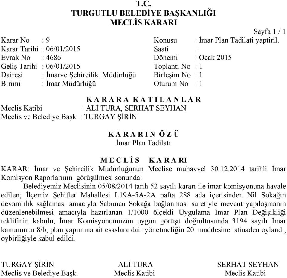 2014 tarihli İmar Komisyon Raporlarının görüşülmesi sonunda: Belediyemiz Meclisinin 05/08/2014 tarih 52 sayılı kararı ile imar komisyonuna havale edilen; İlçemiz Şehitler Mahallesi L19A-5A-2A pafta