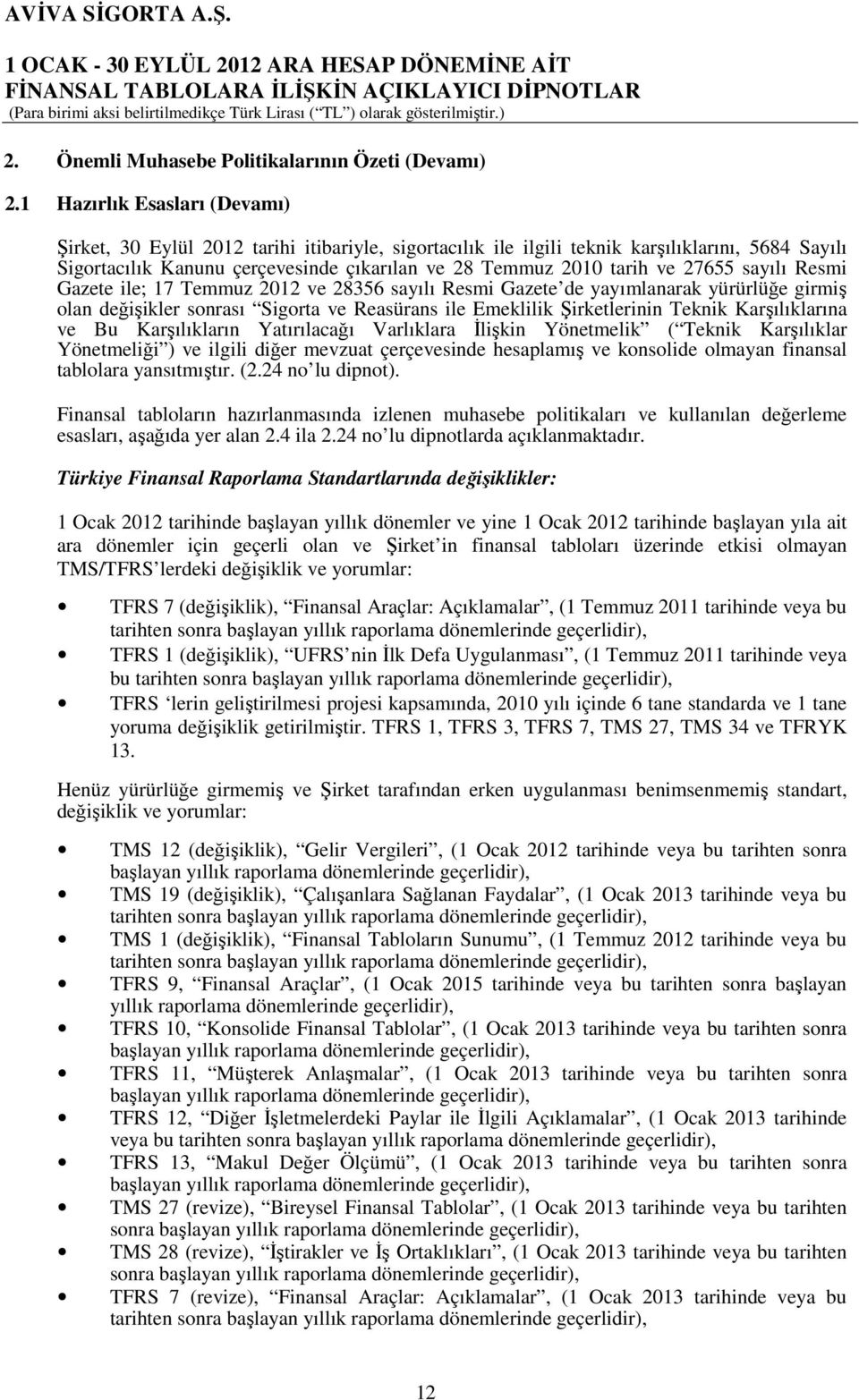 27655 sayılı Resmi Gazete ile; 17 Temmuz 2012 ve 28356 sayılı Resmi Gazete de yayımlanarak yürürlüğe girmiş olan değişikler sonrası Sigorta ve Reasürans ile Emeklilik Şirketlerinin Teknik