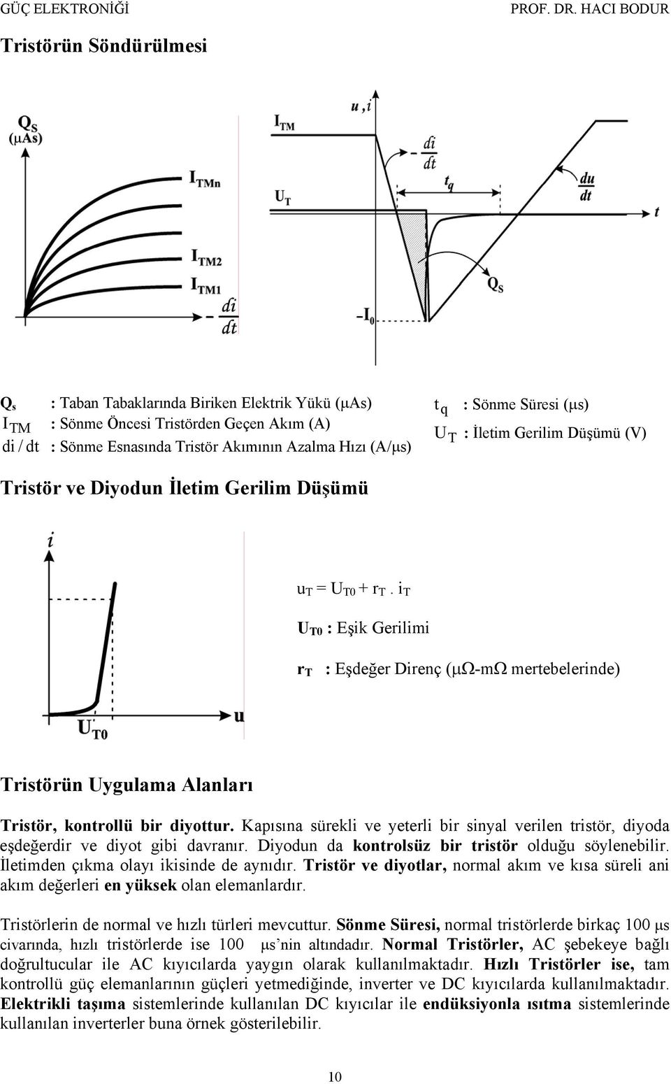 i T U T0 : Eşik Gerilimi r T : Eşdeğer Direnç (μω-mω mertebelerinde) Tristörün Uygulama Alanları Tristör, kontrollü bir diyottur.