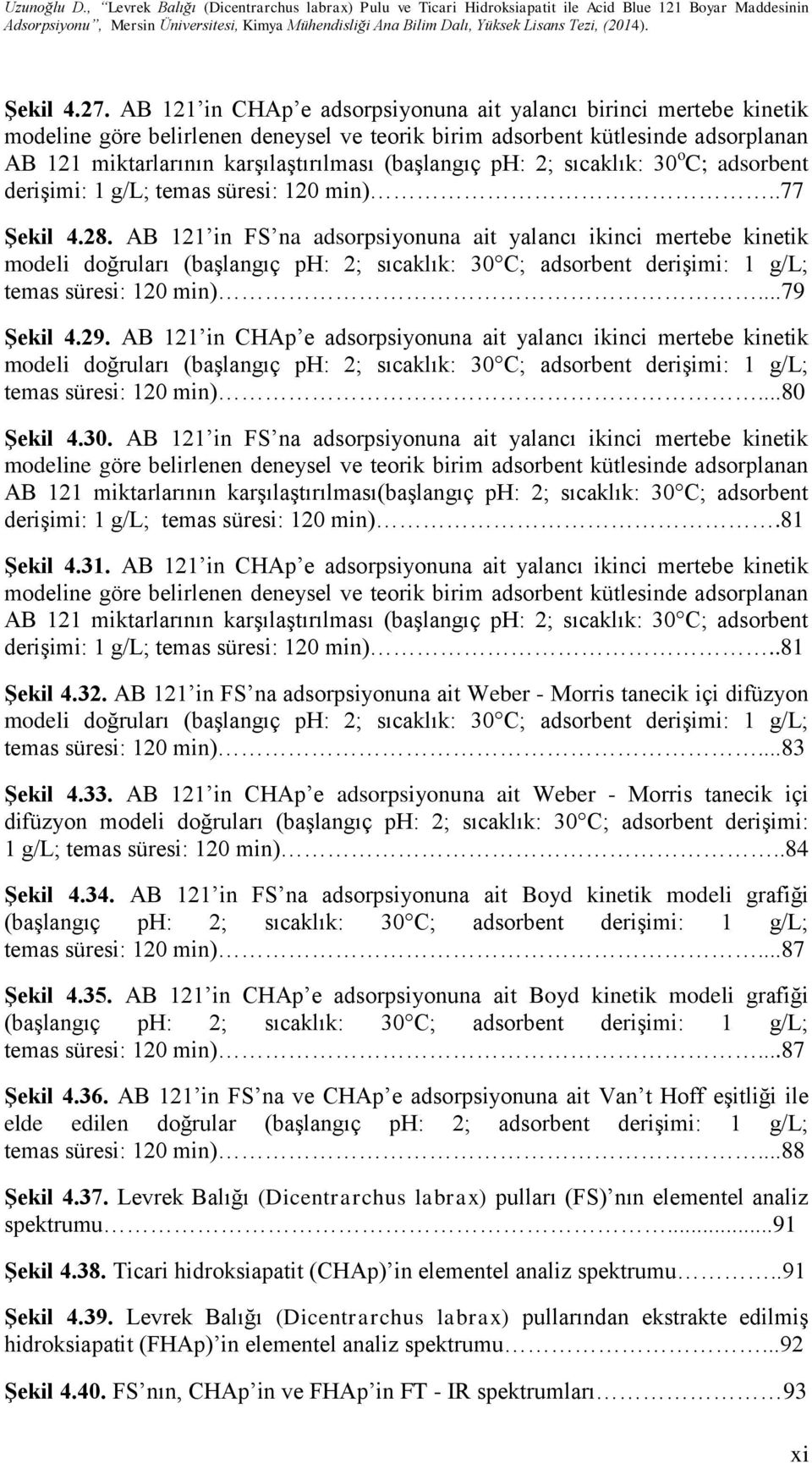 (başlangıç ph: 2; sıcaklık: 30 o C; adsorbent derişimi: 1 g/l; temas süresi: 120 min)..77 Şekil 4.28.