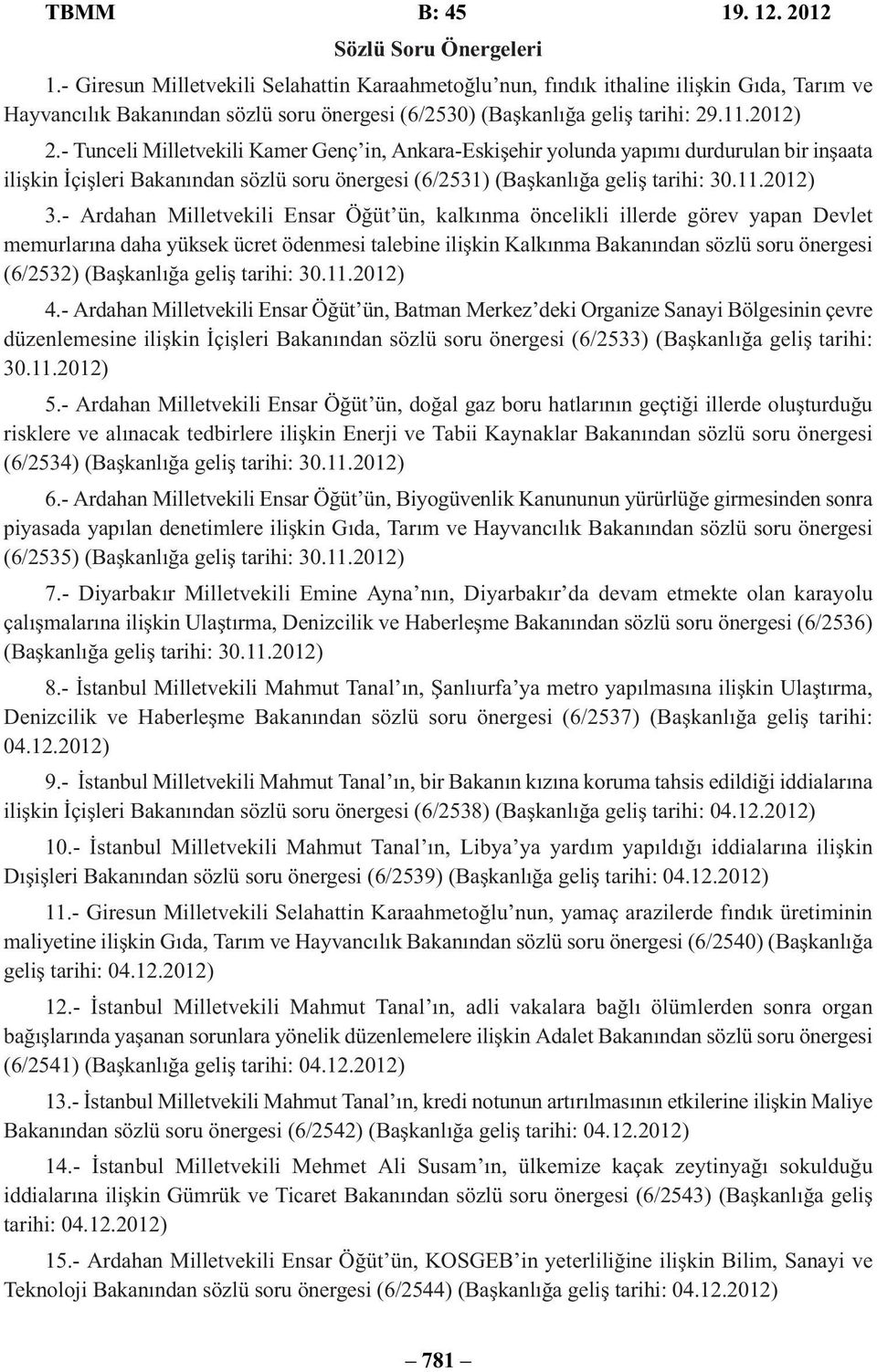 - Tunceli Milletvekili Kamer Genç in, Ankara-Eskişehir yolunda yapımı durdurulan bir inşaata ilişkin İçişleri Bakanından sözlü soru önergesi (6/2531) (Başkanlığa geliş tarihi: 30.11.2012) 3.