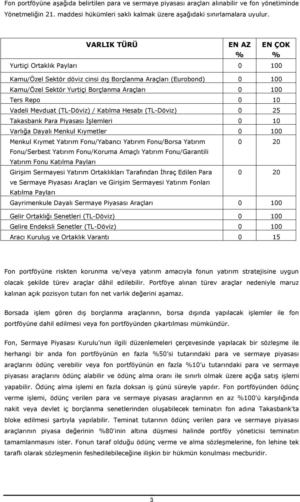 Vadeli Mevduat (TL-Döviz) / Katılma Hesabı (TL-Döviz) 0 25 Takasbank Para Piyasası İşlemleri 0 10 Varlığa Dayalı Menkul Kıymetler 0 100 Menkul Kıymet Yatırım Fonu/Yabancı Yatırım Fonu/Borsa Yatırım 0