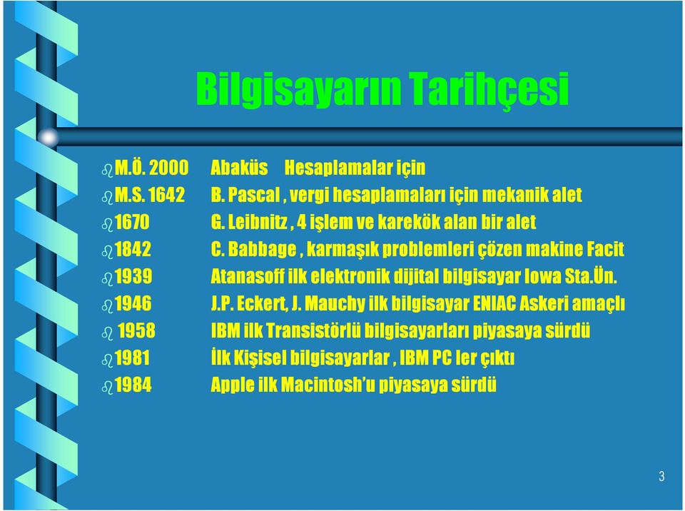 Babbage, karmaşık problemleri çözen makine Facit 1939 Atanasoff ilk elektronik dijital bilgisayar Iowa Sta.Ün. 1946 J.P.