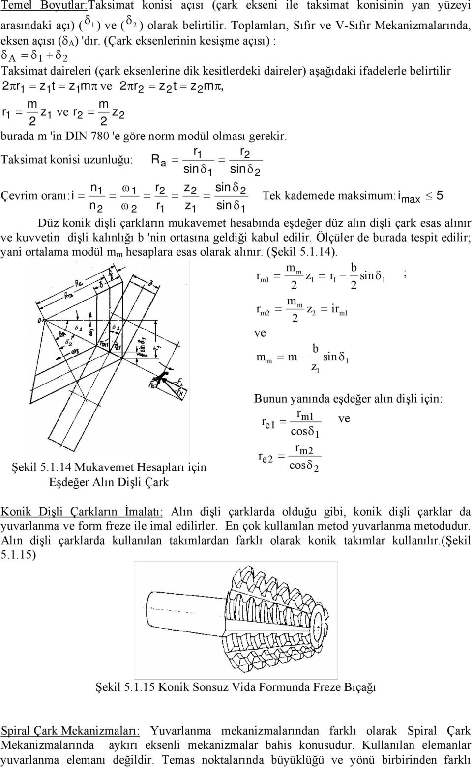 (Çark eksenlerinin kesişme açısı) : δa = δ + δ Taksimat daireleri (çark eksenlerine dik kesitlerdeki daireler) aşağıdaki ifadelerle belirtilir πr = z t = z mπve πr = z t = z mπ, m m r = z ve r = z