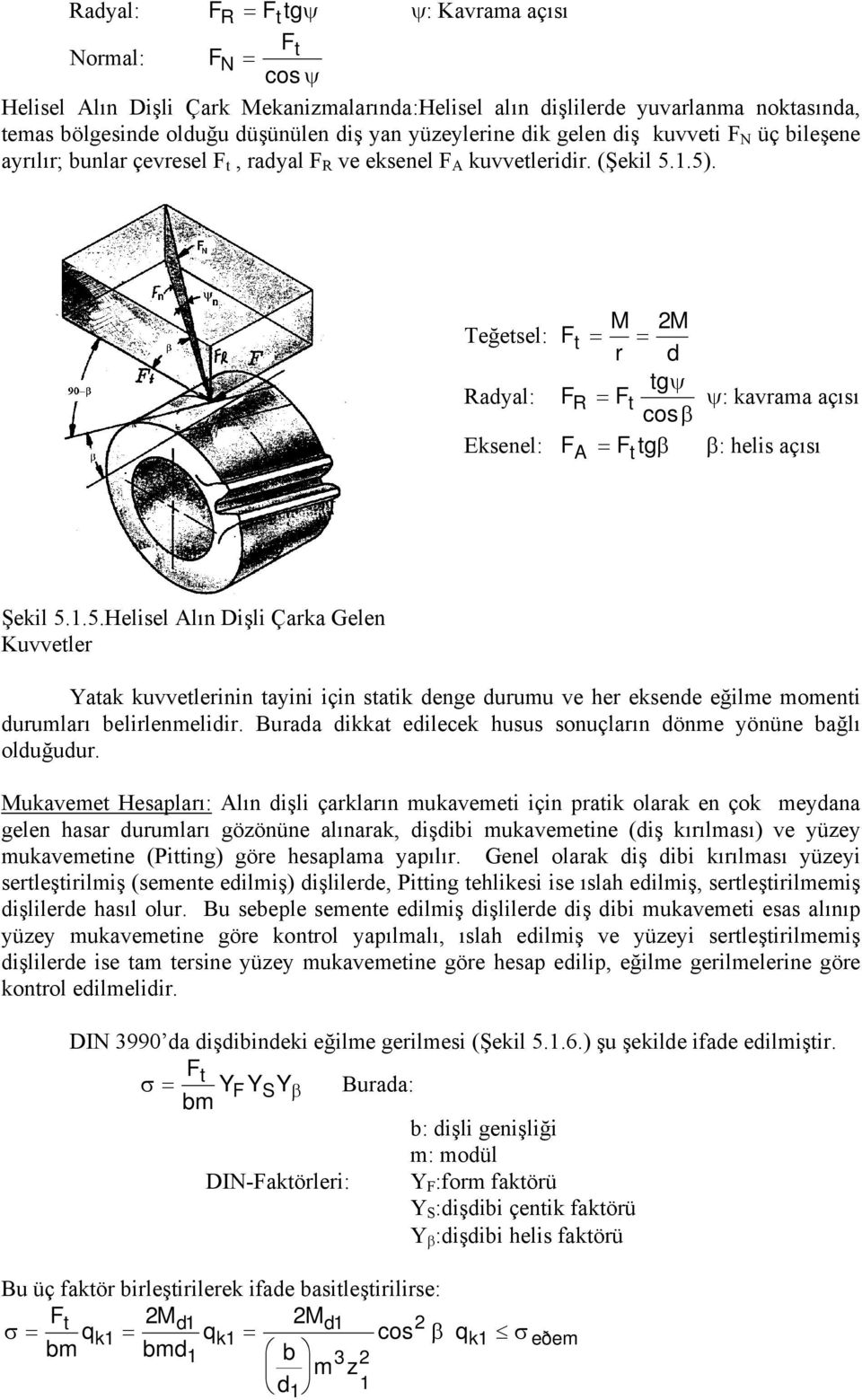 M M Teğetsel: Ft = r = d Radyal: F F tg ψ R = t ψ: kavrama açısı cosβ Eksenel: F = F tgβ β: helis açısı A t Şekil 5.