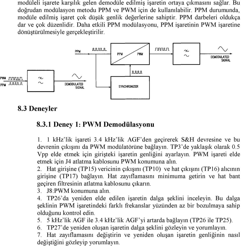 Daha etkili PPM modülasyonu, PPM işaretinin PWM işaretine dönüştürülmesiyle gerçekleştirilir. 8.3 Deneyler 8.3.1 Deney 1: PWM Demodülasyonu 1. 1 khz lik işareti 3.