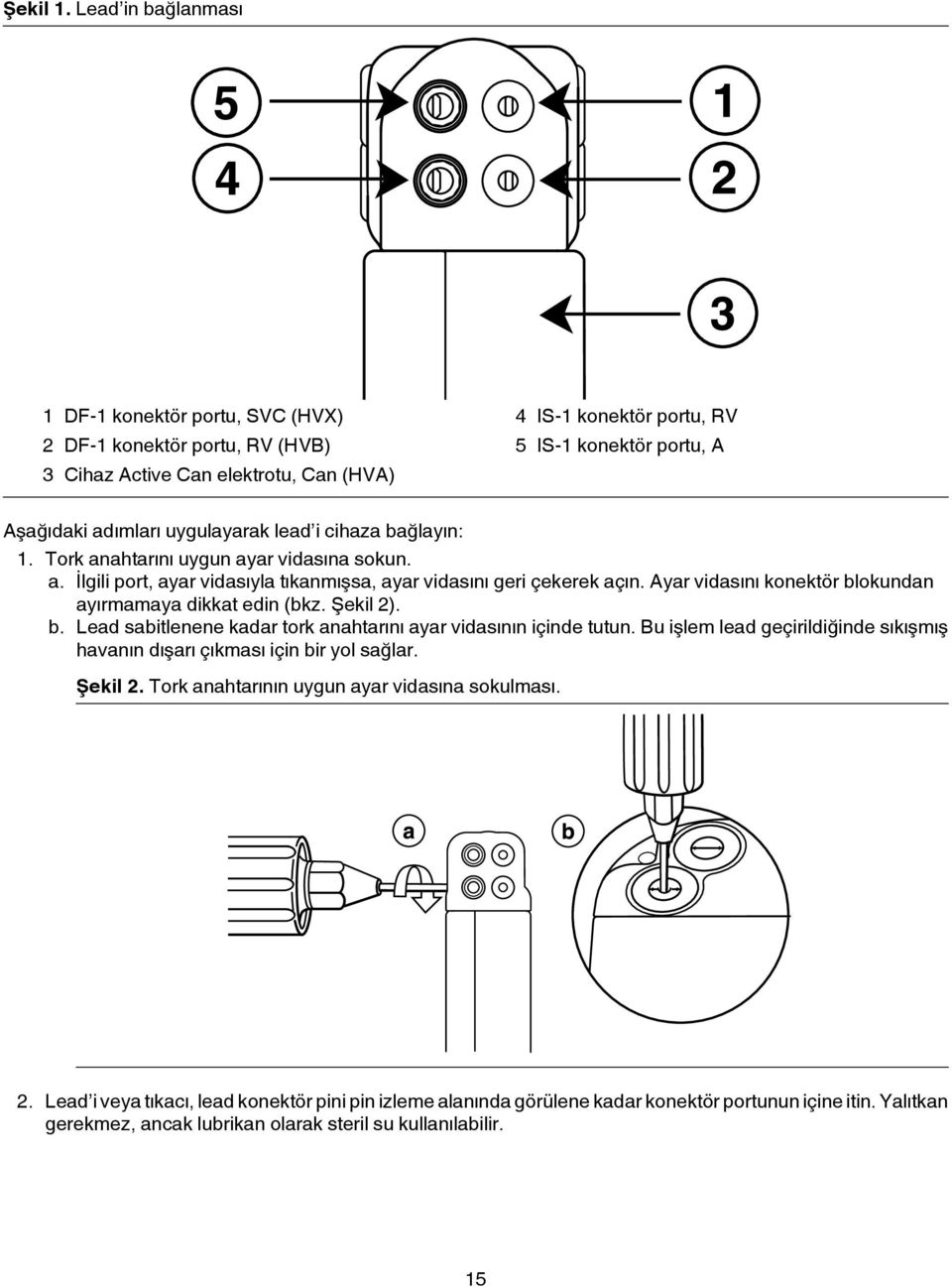 uygulayarak lead i cihaza bağlayın: 1. Tork anahtarını uygun ayar vidasına sokun. a. İlgili port, ayar vidasıyla tıkanmışsa, ayar vidasını geri çekerek açın.
