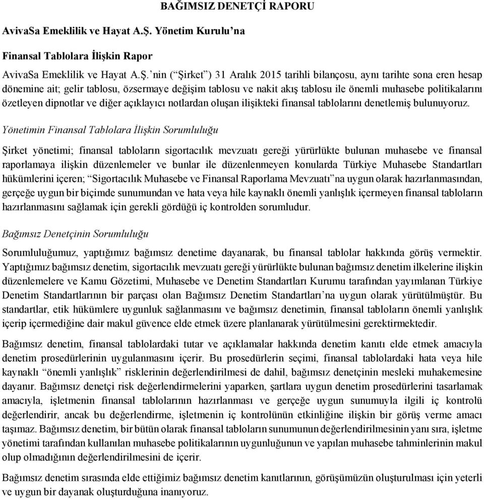 nin ( Şirket ) 31 Aralık 2015 tarihli bilançosu, aynı tarihte sona eren hesap dönemine ait; gelir tablosu, özsermaye değişim tablosu ve nakit akış tablosu ile önemli muhasebe politikalarını özetleyen