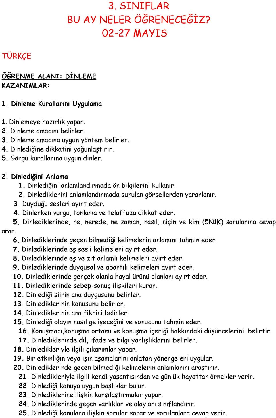 3. Duyduğu sesleri ayırt eder. 4. Dinlerken vurgu, tonlama ve telaffuza dikkat eder. 5. Dinlediklerinde, ne, nerede, ne zaman, nasıl, niçin ve kim (5N1K) sorularına cevap arar. 6.