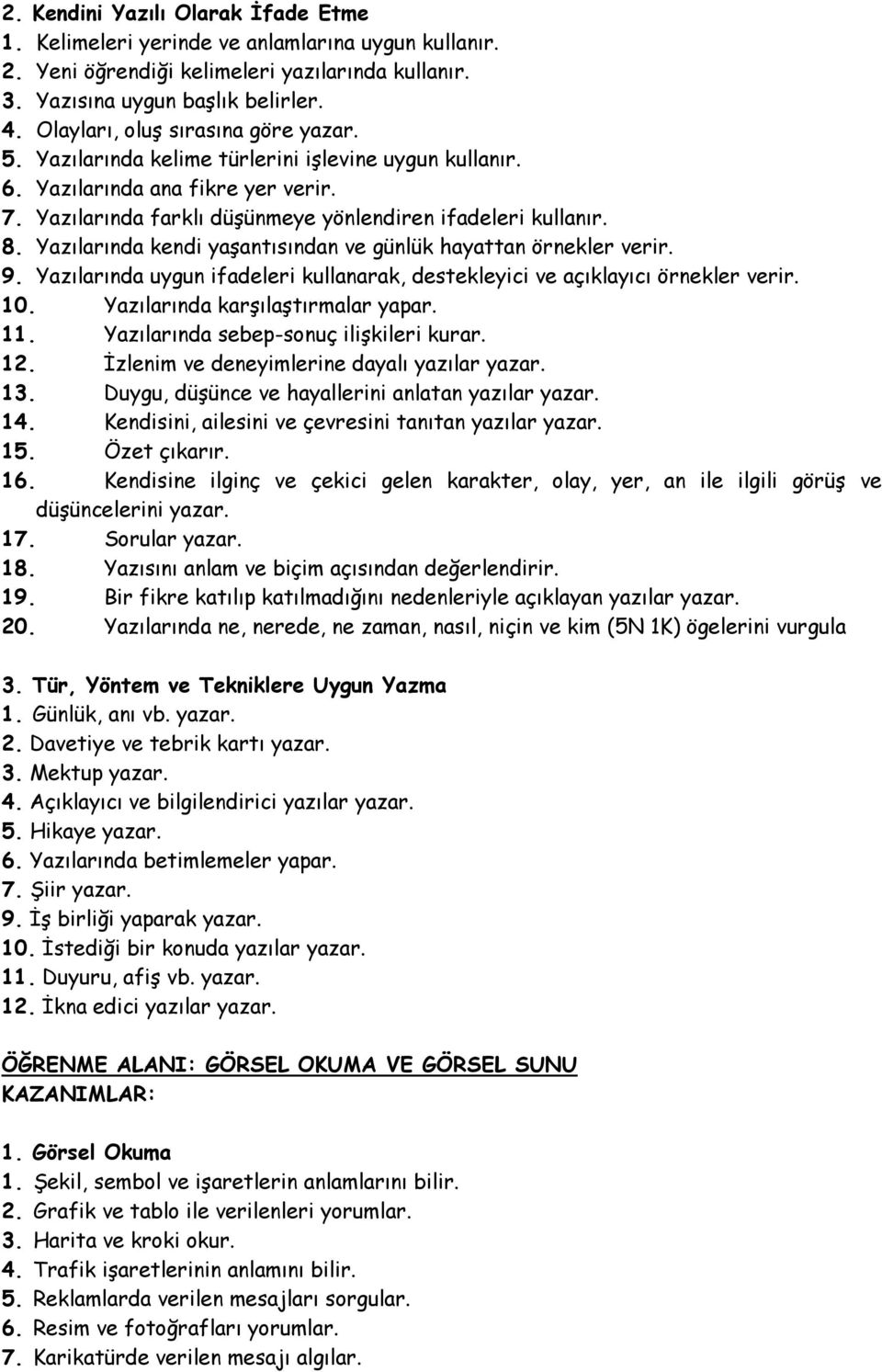 Yazılarında kendi yaşantısından ve günlük hayattan örnekler verir. 9. Yazılarında uygun ifadeleri kullanarak, destekleyici ve açıklayıcı örnekler verir. 10. Yazılarında karşılaştırmalar yapar. 11.