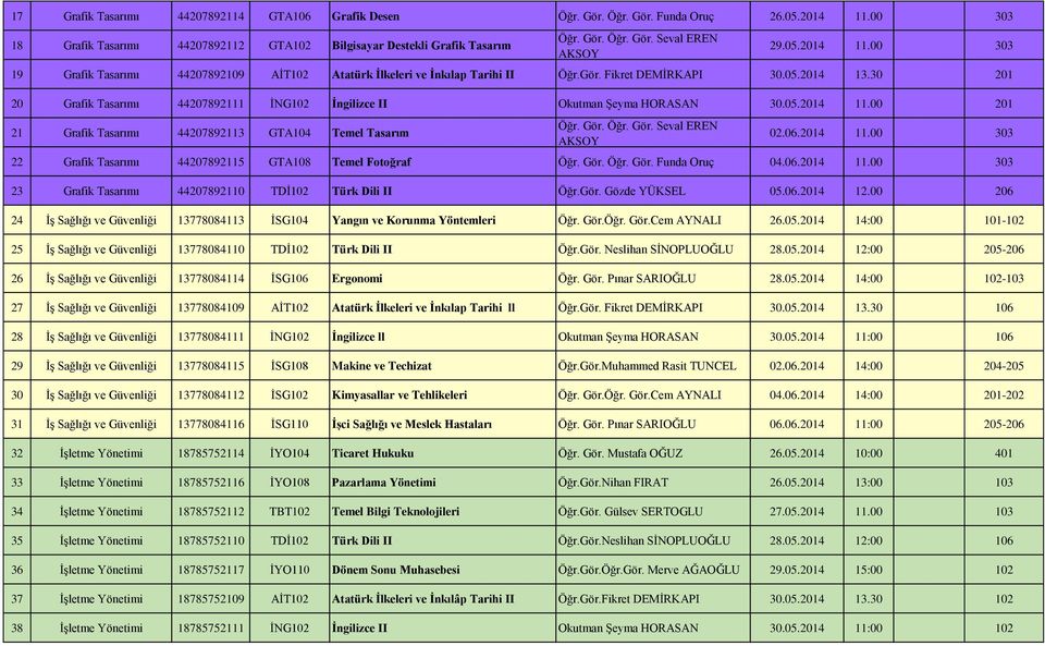 30 201 20 Grafik Tasarımı 44207892111 İNG102 İngilizce II Okutman Şeyma HORASAN 30.05.2014 11.00 201 21 Grafik Tasarımı 44207892113 GTA104 Temel Tasarım Öğr. Gör. Öğr. Gör. Seval EREN AKSOY 02.06.