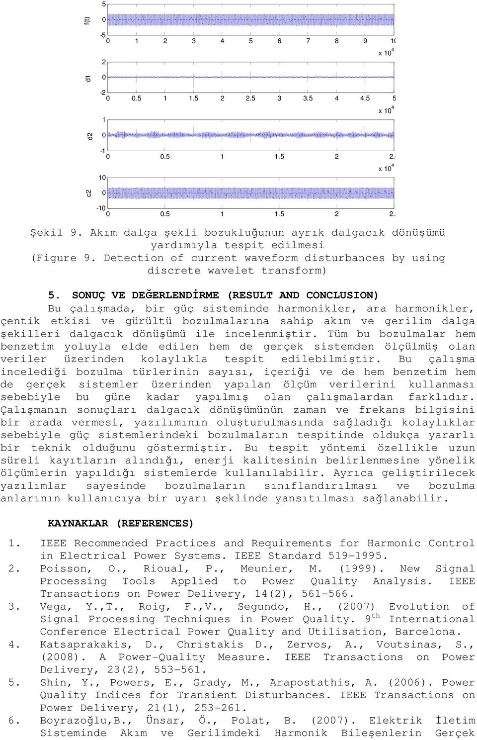 SONUÇ VE DEĞERLENDİRME (RESULT AND CONCLUSION) Bu çalışmada, bir güç sisteminde harmonikler, ara harmonikler, çentik etkisi ve gürültü bozulmalarına sahip akım ve gerilim dalga şekilleri dalgacık