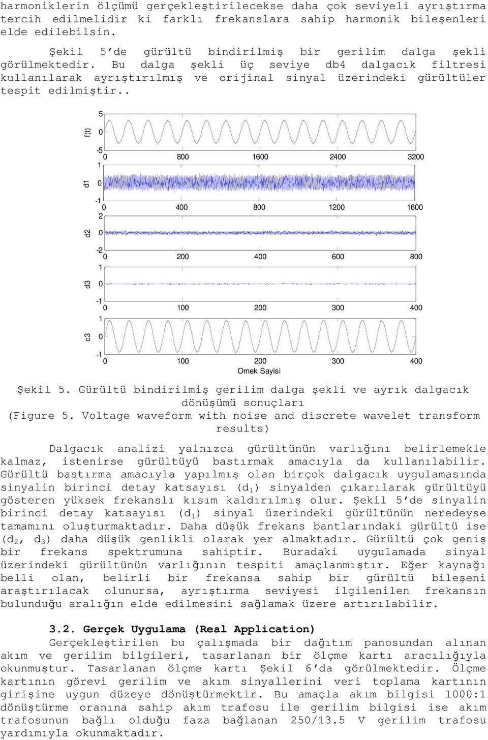 Bu dalga şekli üç seviye db4 dalgacık filtresi kullanılarak ayrıştırılmış ve orijinal sinyal üzerindeki gürültüler tespit edilmiştir.