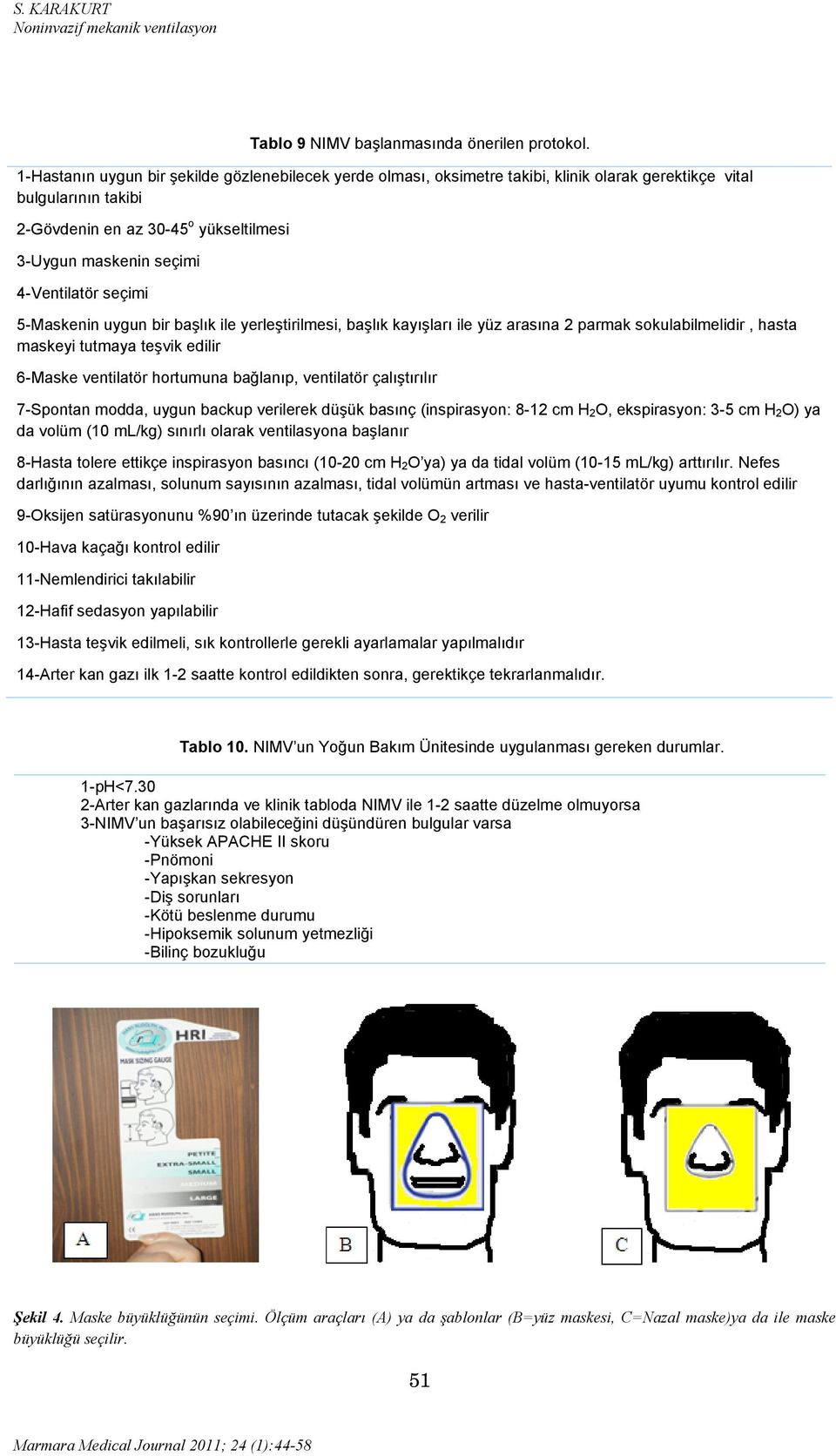 4-Ventilatör seçimi 5-Maskenin uygun bir başlık ile yerleştirilmesi, başlık kayışları ile yüz arasına 2 parmak sokulabilmelidir, hasta maskeyi tutmaya teşvik edilir 6-Maske ventilatör hortumuna