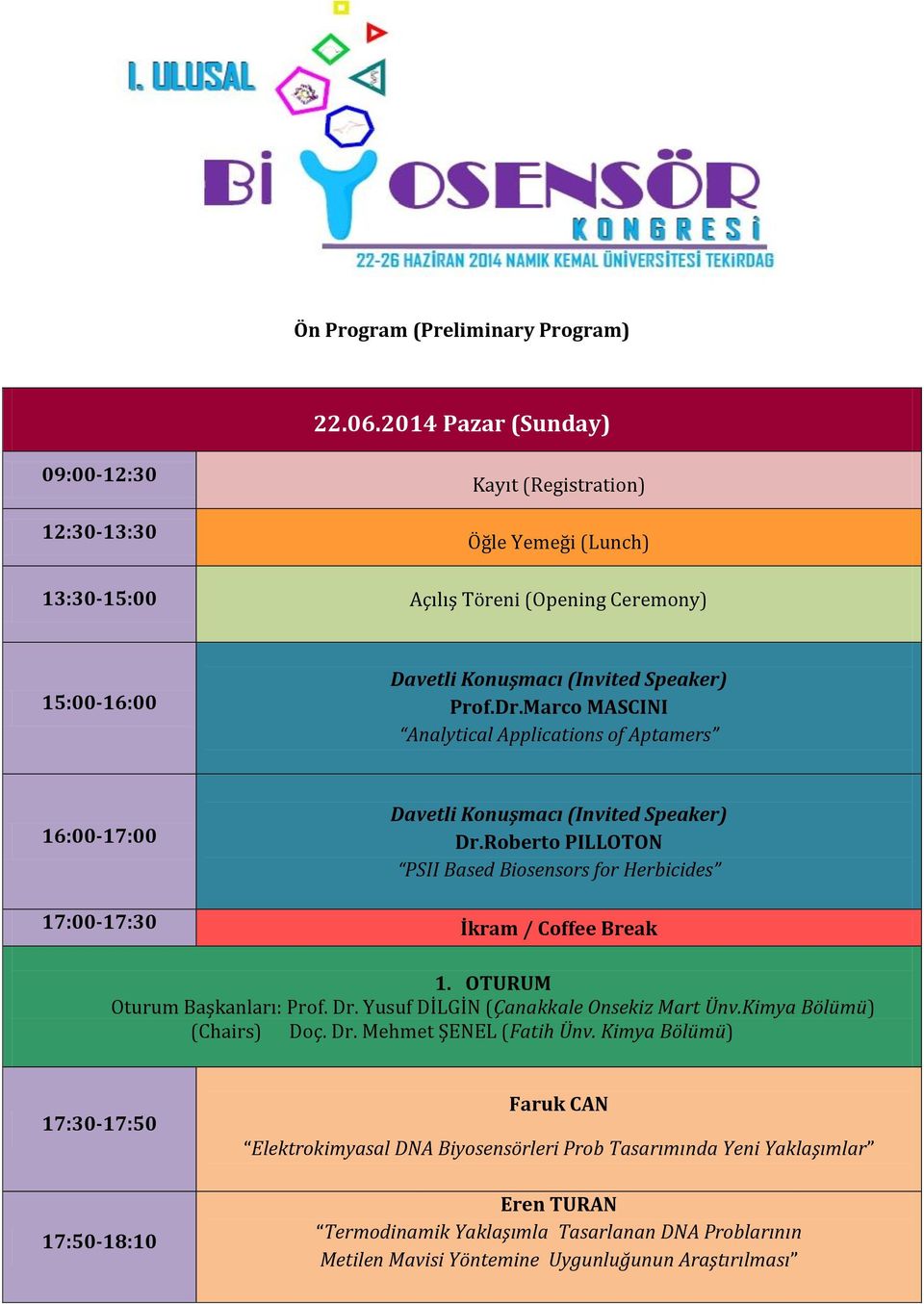 Marco MASCINI Analytical Applications of Aptamers 16:00-17:00 Dr.Roberto PILLOTON PSII Based Biosensors for Herbicides 17:00-17:30 İkram / Coffee Break 1.