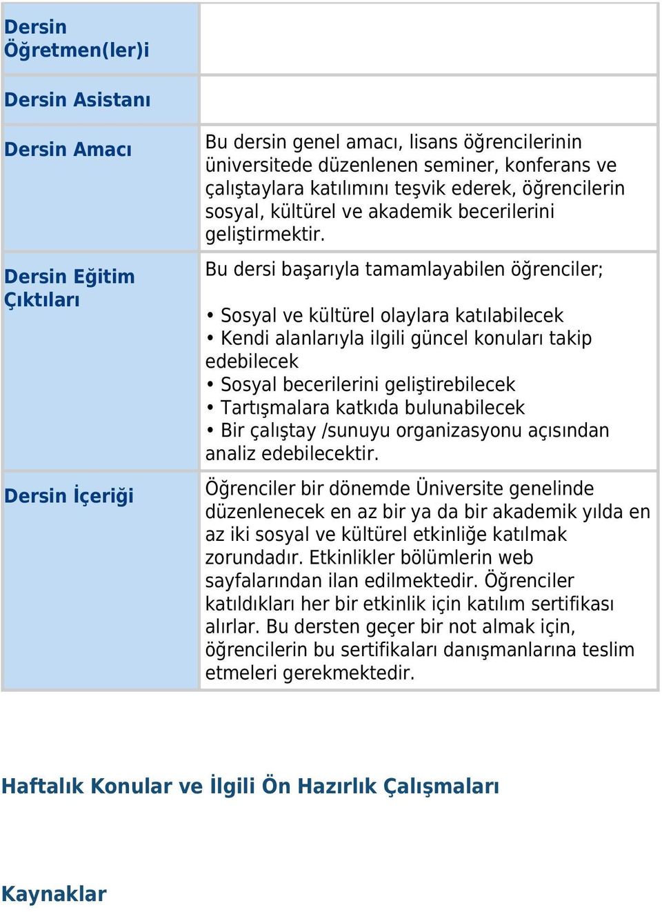 Bu dersi başarıyla tamamlayabilen öğrenciler; Sosyal ve kültürel olaylara katılabilecek Kendi alanlarıyla ilgili güncel konuları takip edebilecek Sosyal becerilerini geliştirebilecek Tartışmalara