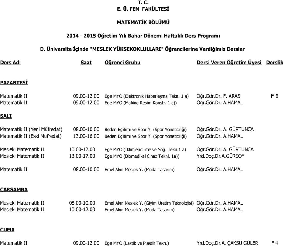 1 a) Öğr.Gör.Dr. F. ARAS F 9 Matematik II 09.00-12.00 Ege MYO (Makine Resim Konstr. 1 c)) Öğr.Gör.Dr. A.HAMAL Matematik II (Yeni Müfredat) 08.00-10.00 Beden Eğitimi ve Spor Y. (Spor Yöneticiliği) Öğr.