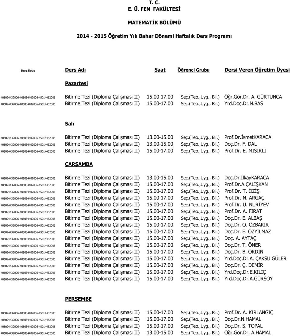 405024432006-405034402006-45014462006 Bitirme Tezi (Diploma Çalışması II) 15.00-17.00 Seç.(Teo.,Uyg., Bil.) Öğr.Gör.Dr. A.