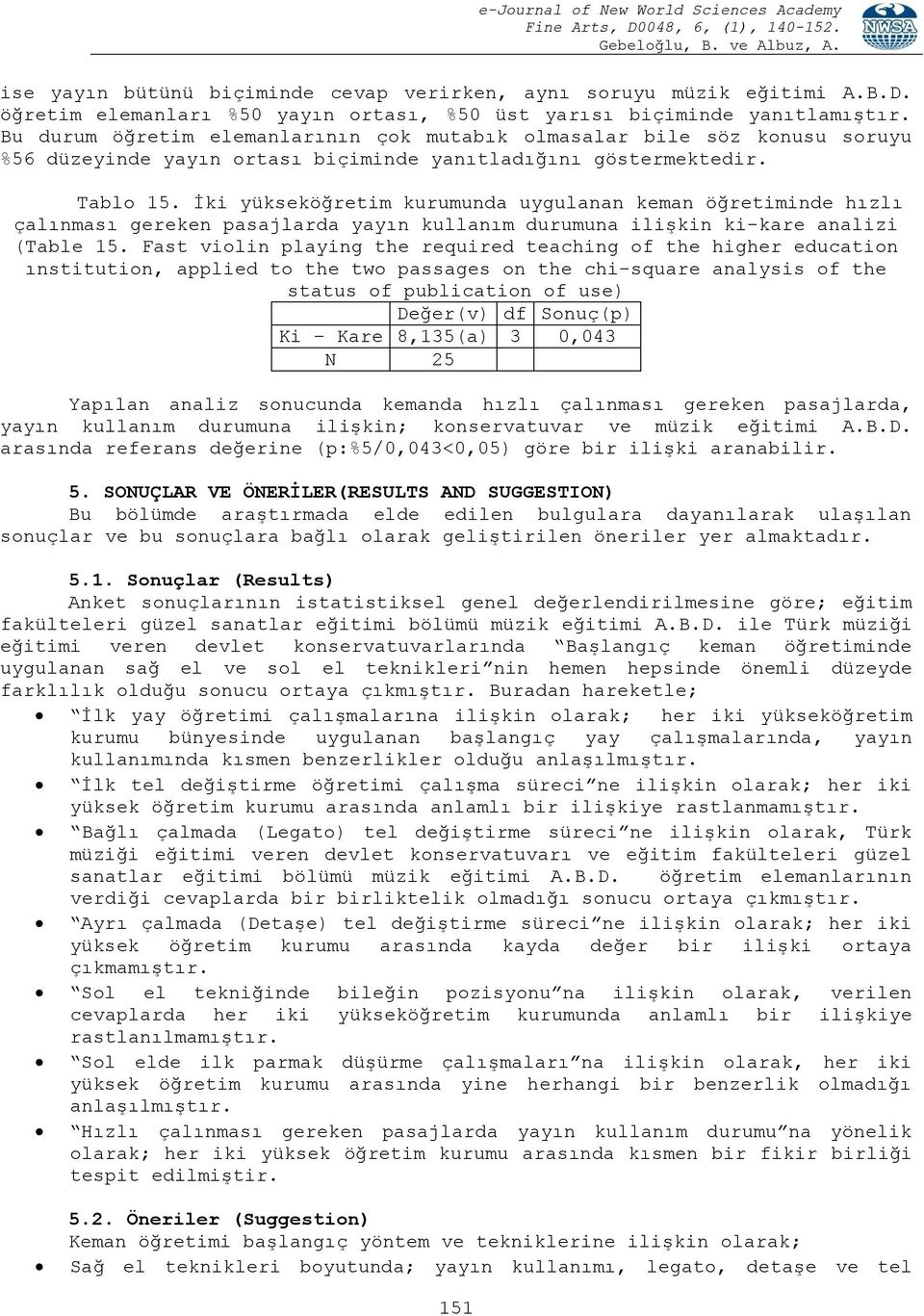 İki yükseköğretim kurumunda uygulanan keman öğretiminde hızlı çalınması gereken pasajlarda yayın kullanım durumuna ilişkin ki-kare analizi (Table 15.