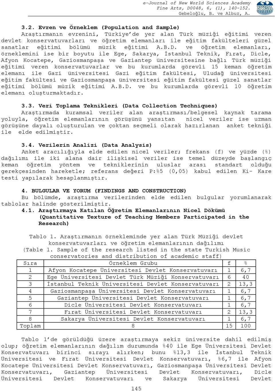 ve öğretim elemanları, örneklemini ise bir boyutu ile Ege, Sakarya, İstanbul Teknik, Fırat, Dicle, Afyon Kocatepe, Gaziosmanpaşa ve Gaziantep üniversitesine bağlı Türk müziği eğitimi veren