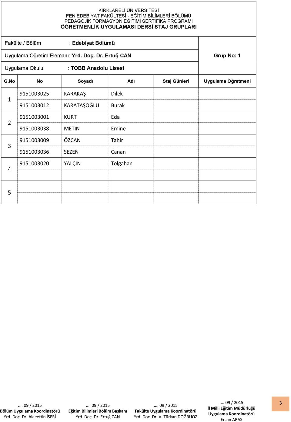 No No Soyadı Adı Staj Günleri Uygulama Öğretmeni 9000 KARAKAŞ Dilek 9000 KARATAŞOĞLU Burak 90000 KURT Eda 90008 METİN Emine 900009 ÖZCAN Tahir 90006 SEZEN Canan 90000 YALÇIN