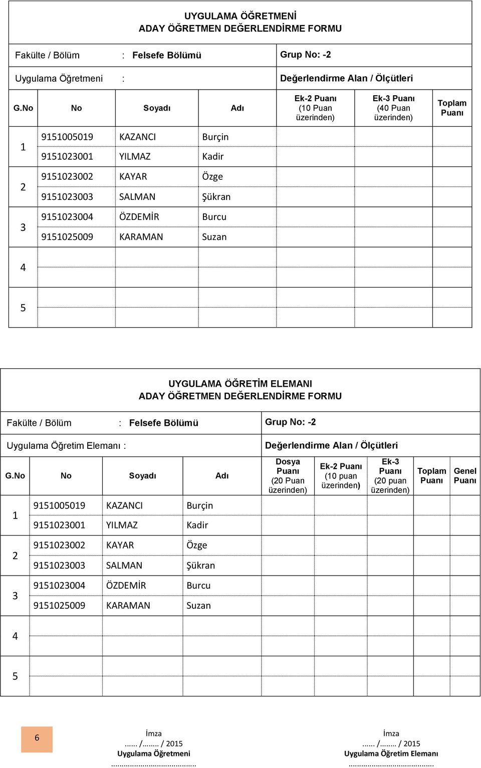 UYGULAMA ÖĞRETİM ELEMANI Fakülte / Bölüm : Felsefe Bölümü Grup No: - Uygulama Öğretim Elemanı : Değerlendirme Alan / Ölçütleri G.